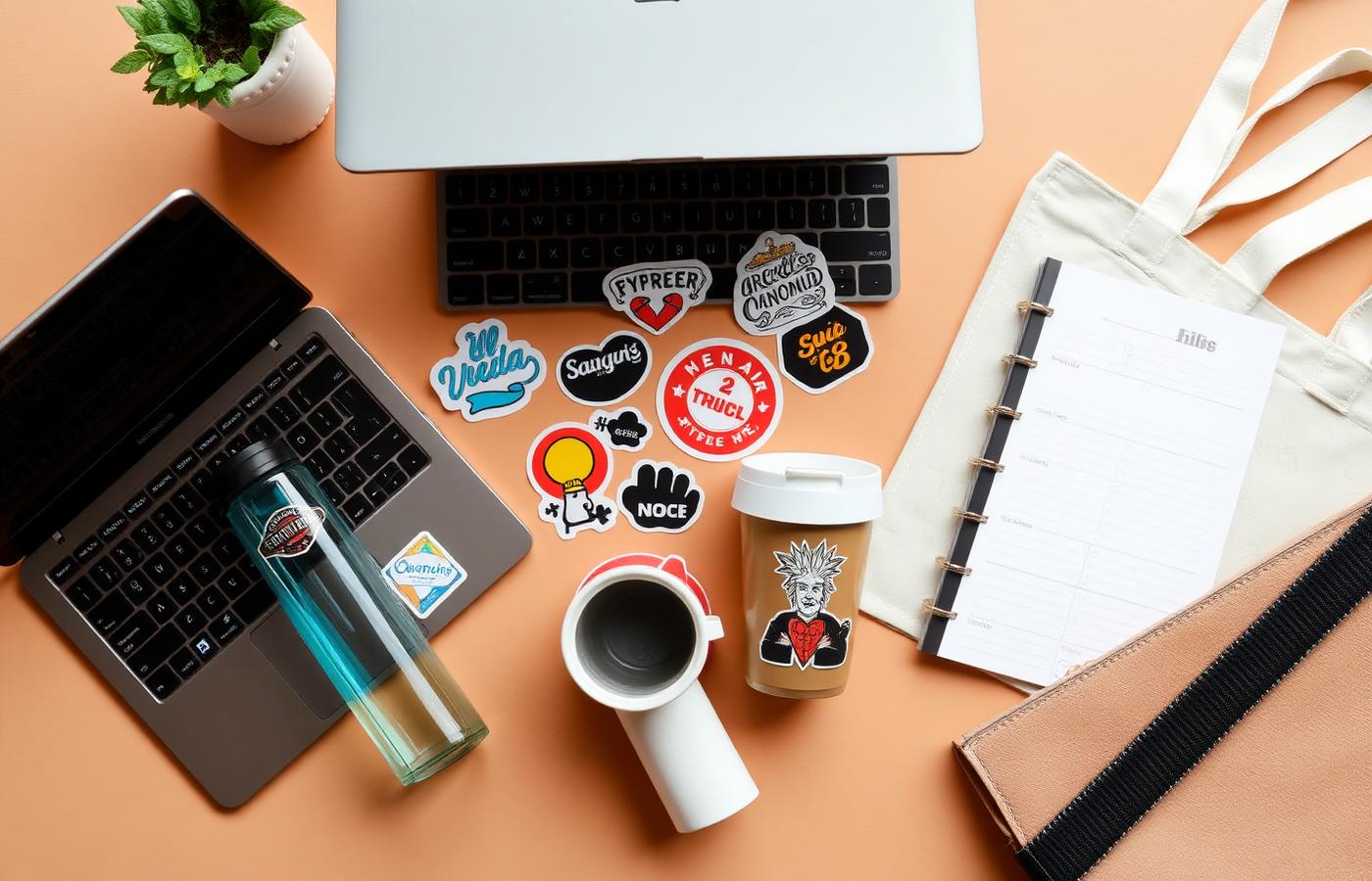 Adesivos aplicados em notebook, garrafa, copo, sacola e planner
